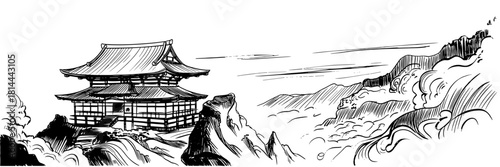 a traditional Japanese mountain temple surrounded by dramatic rocks, swirling clouds, and serene distant peaks.