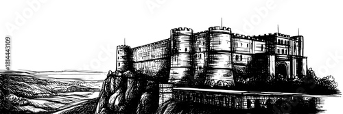 a massive medieval castle built on a rocky cliff overlooking wide open valleys and distant terrain.