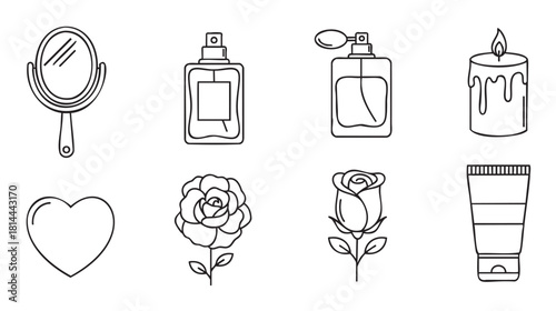 Set of minimalist outline icons representing feminine beauty, romance, and spa concepts, including a hand mirror, perfume bottles, a candle, roses, a heart, and a cosmetic tube
