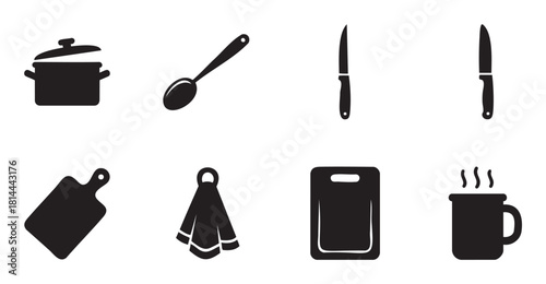 Set of black silhouette kitchen and cooking icons, including a pot, spoon, knives, cutting boards, towel, and a steaming mug