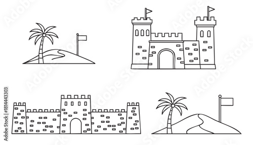 Set of four simple black and white line art illustrations featuring sandcastles with palm trees and medieval fortresses