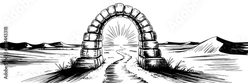 A hand-drawn desert scene featuring a rustic stone archway framing a winding path that stretches toward a bright rising sun on the horizon.