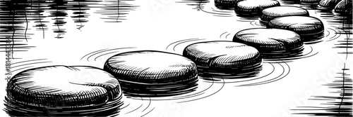 Smooth stepping stones arranged in a path across still water with gentle ripples forming around each stone.