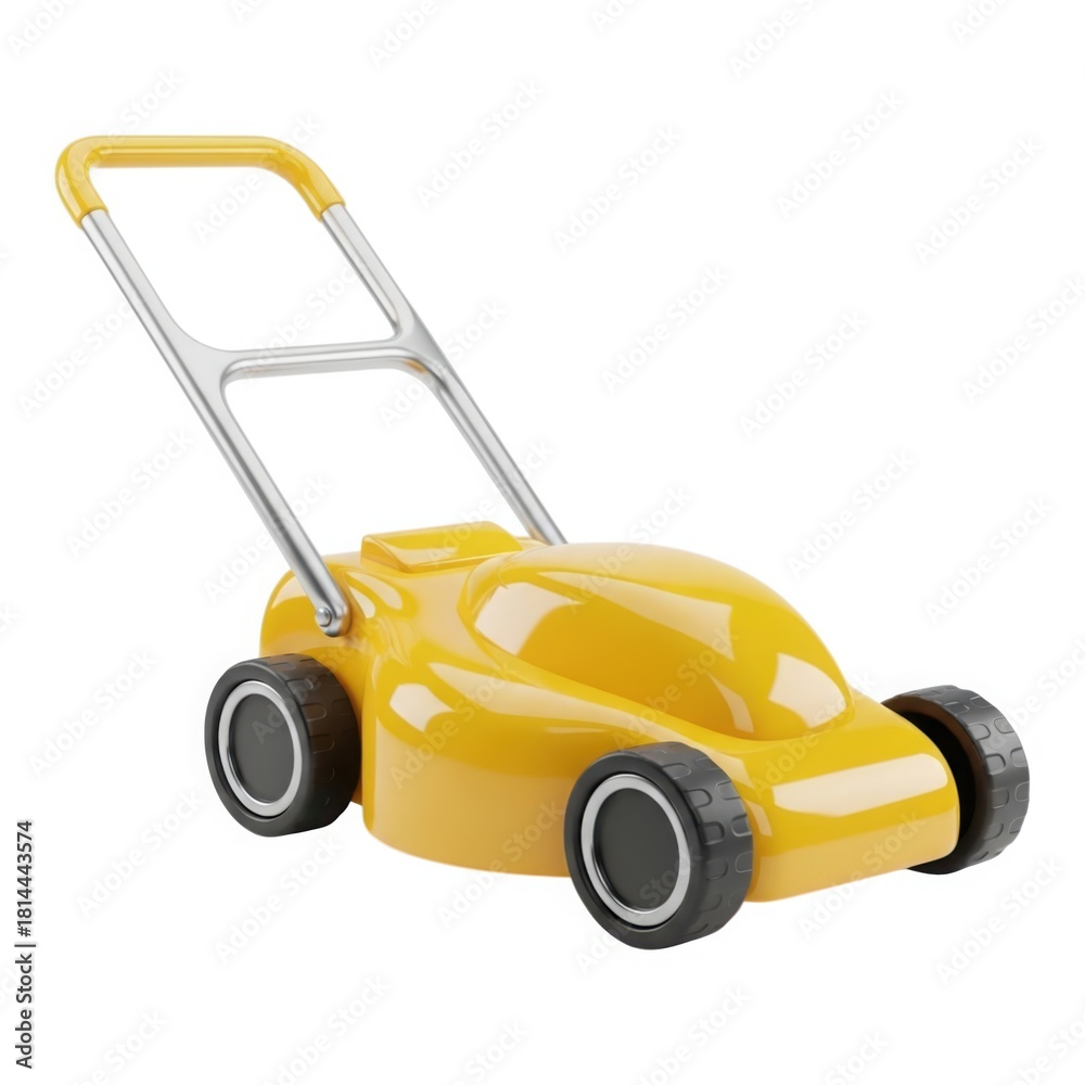Fototapeta premium A bright yellow toy lawnmower with a silver handle and black wheels against a stark black background