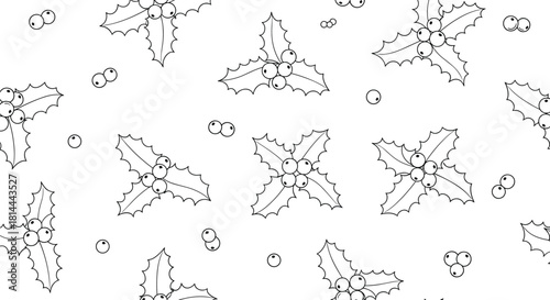 Seamless pattern of hand-drawn holly leaves and berries on a white background.
