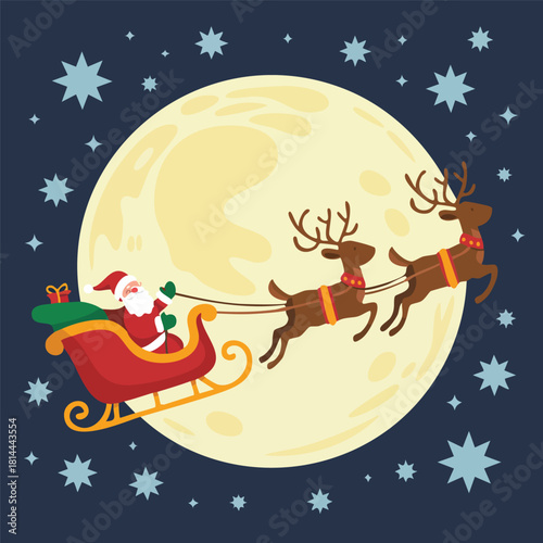 Cheerful Santa Claus waves from his sleigh as his reindeer pull him across a starry night sky with a large full moon
