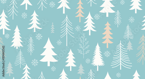 Seamless pattern of stylized Christmas trees and snowflakes on a light blue background.