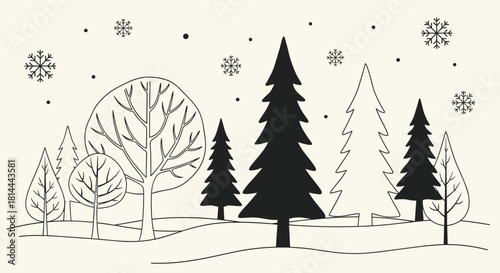 Black and white illustration of a winter forest scene with snow falling.