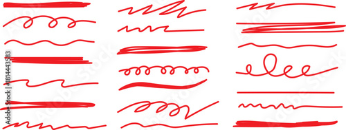 Collection of hand drawn red marker underlines and scribbles isolated on