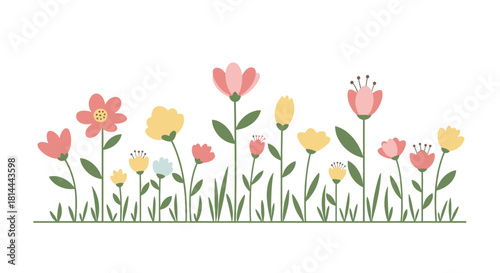 A colorful border of various spring flowers and green grass against a white background.