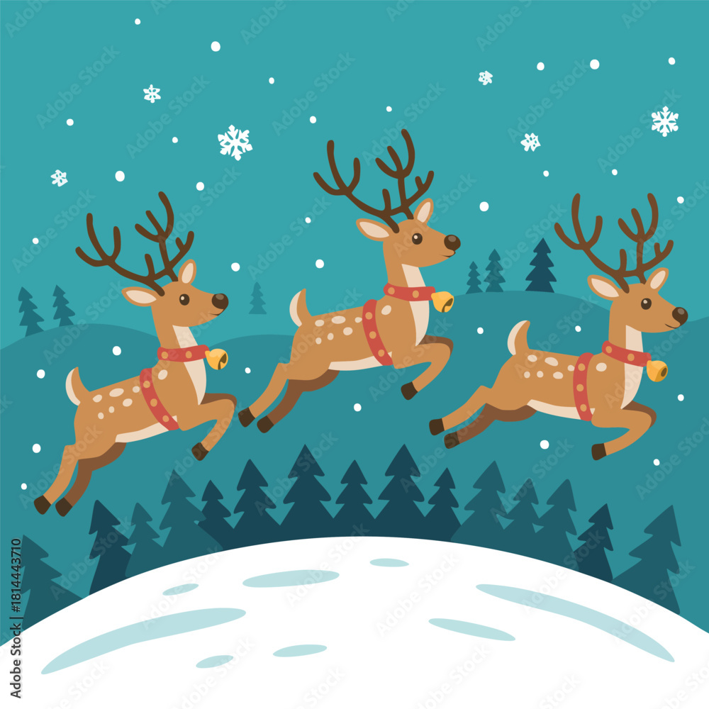 Fototapeta premium Santa's team of magical reindeer flying in formation over a snowy pine forest on a winter night, getting ready for Christmas eve delivery