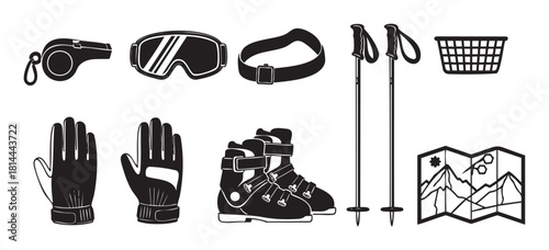 Set of black and white graphic icons depicting essential ski and winter sports gear, including boots, poles, goggles, gloves, a whistle, and a mountain map