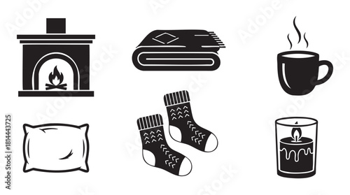 Set of black and white silhouette icons representing cozy winter comfort, including a fireplace, warm blanket, hot drink, socks, pillow, and a burning candle