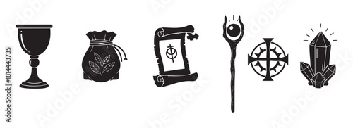 Set of black silhouette icons for a fantasy role-playing game, including a chalice, herb pouch, scroll, magic staff, sigil, and crystals