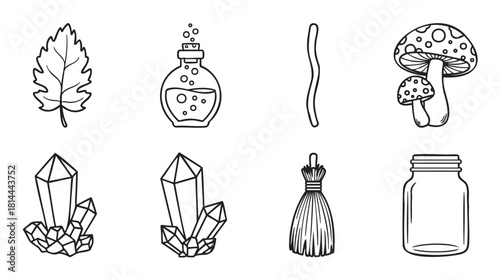 Minimalist black line art set of alchemy and witchcraft symbols, including a potion, mushroom, crystals, and besom, hand-drawn in a simple doodle style