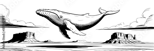 a large whale floating above a desert landscape with mesas, blending nature and fantasy elements.