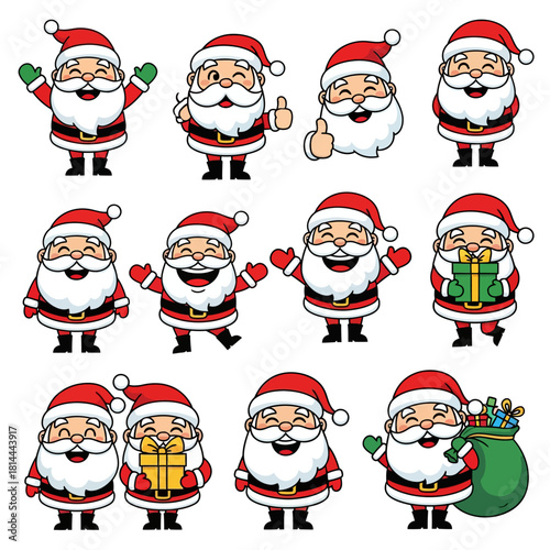Twelve different happy cartoon Santa Claus characters in festive Christmas poses and expressions.