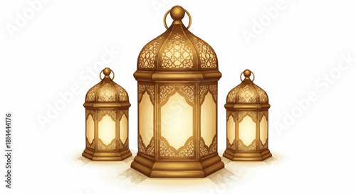 Three ornate golden lanterns with intricate designs casting a warm glow on a white background scene view