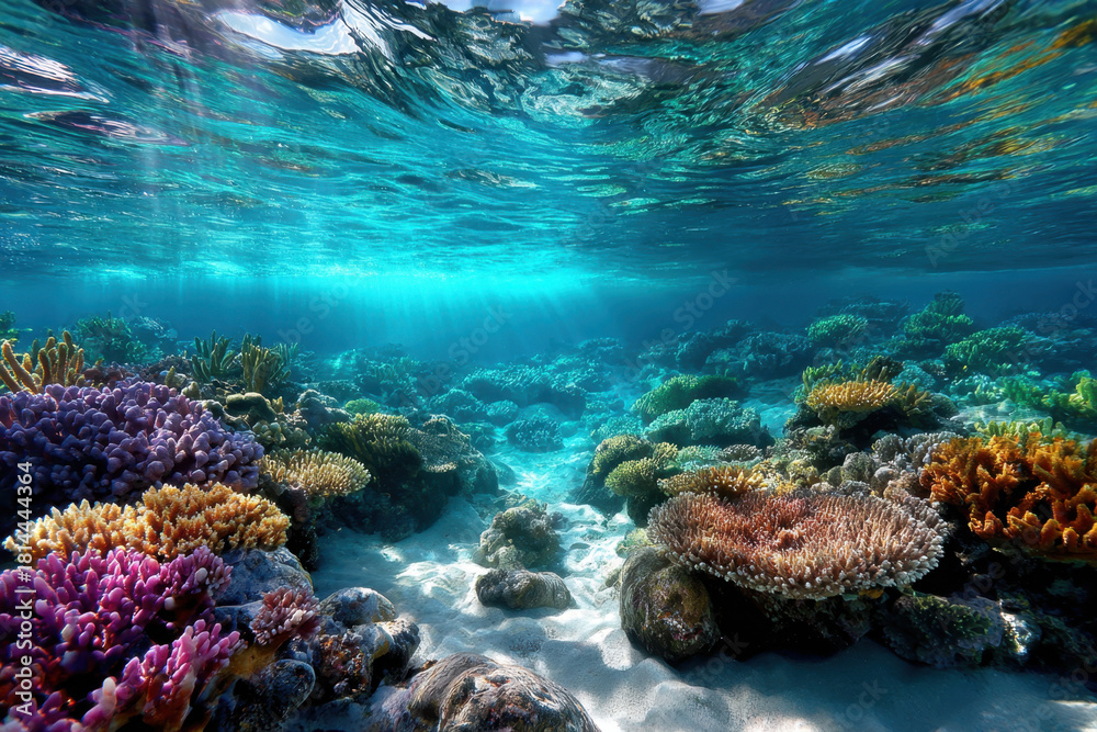 Naklejka premium Vibrant Coral Reef Underneath Clear Blue Water Surface
