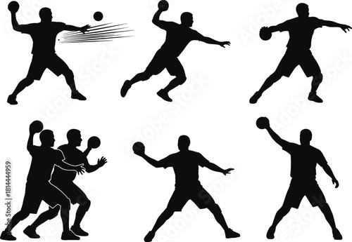 Handball players silhouettes in action on white background, handball, player, sport, athletic, action, silhouette, male, person, game, competition, throw, catch, pass, movement, dynamic, active, team,