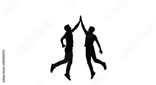 Two men jumping and giving a high five silhouette isolated on white background