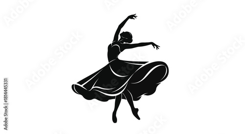 Elegant ballerina dancing in a flowing dress silhouette isolated on white background
