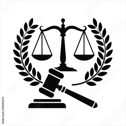 Black scales of justice with gavel and laurel wreath symbolize legal system fairly