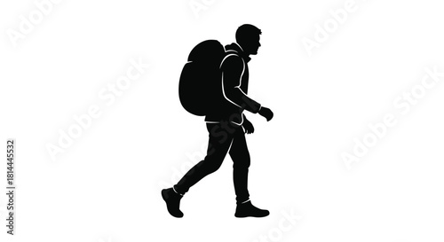 Man with backpack walking silhouette isolated on white background