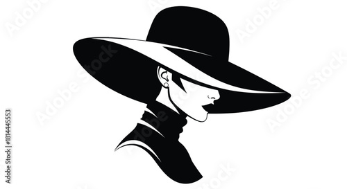 Elegant woman wearing a wide brim hat silhouette isolated on white background