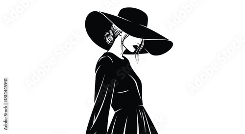 Elegant woman in a wide brimmed hat silhouette isolated on white background