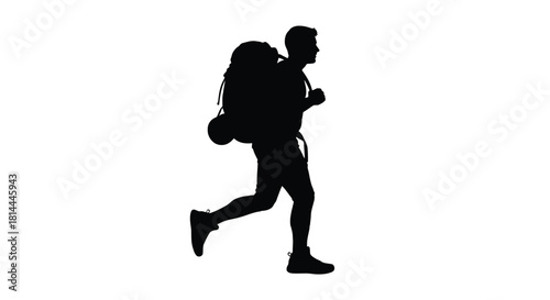 Man hiker with backpack running silhouette isolated on white background