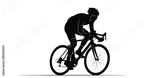 Cyclist riding a bicycle in silhouette isolated on white background