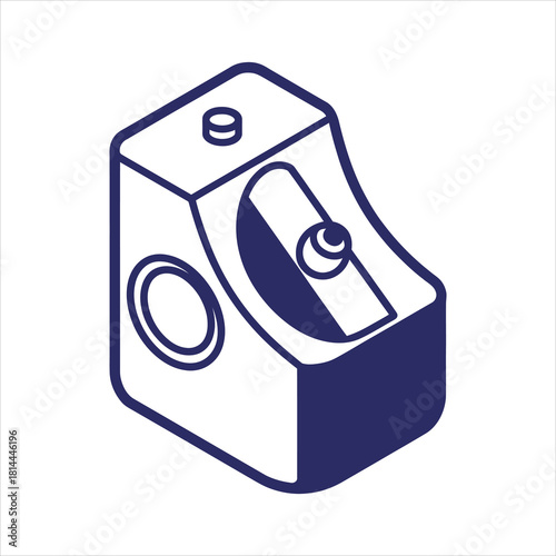 Isometric blue pencil sharpener with round elements sits isolated on a white background