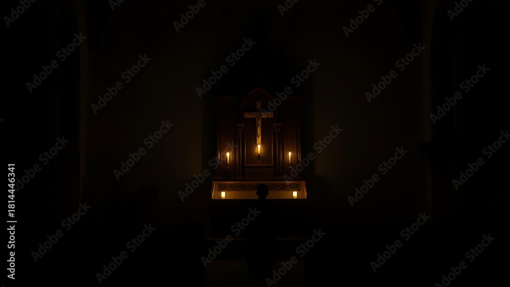 Naklejka premium penitent. Silhouette of a person kneeling in a dim church with candlelight. event programs, museum guides, designed for cultural heritage projects and event programs, supports education.