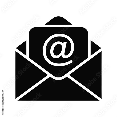 Open black mail icon displays at symbol, showcasing electronic communication in minimalist style