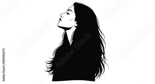 Elegant woman profile silhouette with long flowing hair isolated on white background