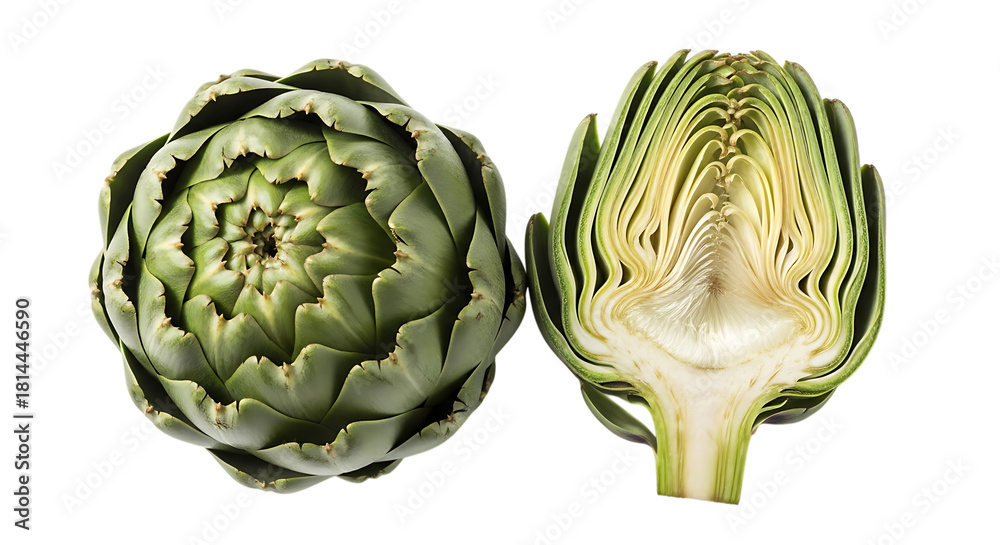 Fototapeta premium Fresh green artichoke whole and halved isolated on transparent background