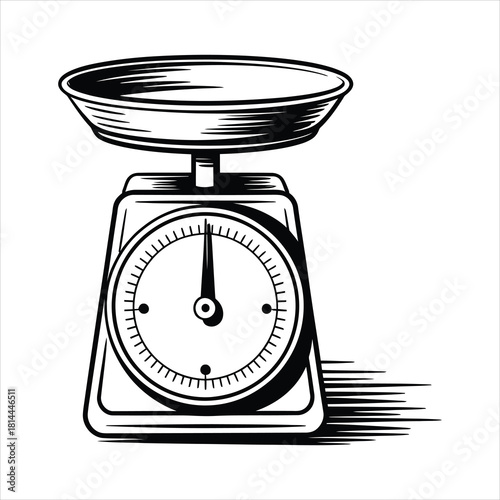 Monochrome retro balance scale with a circular dial measures ingredients precisely on the tray