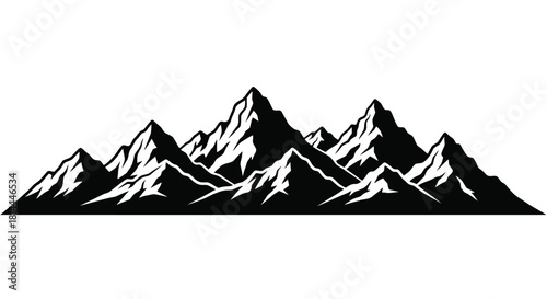 Jagged mountain range silhouette isolated on white background