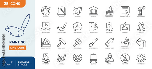 Painting line editable icon set. Contain icons related to paint, painter, various painting tools, and more. Editable stroke. Vector illustration