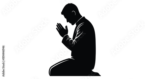 Man praying in silhouette isolated on white background
