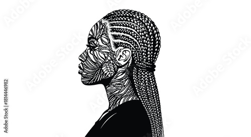 Black woman with intricate tribal patterns on face and braided hair silhouette isolated on white background