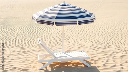 chaise. A white chaise lounge rests under a striped umbrella, golden coastal light warming the sand. travel magazines, destination branding, designed for outdoor magazines and nature guides.