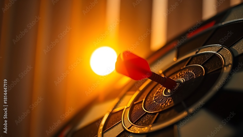 Obraz premium dartboard. Close-up of dartboard with single dart at bullseye, bathed in golden sunset lighting. inspiring travel planning, event key visuals, designed for fitness apps and gym onboarding.