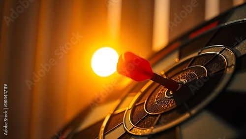 dartboard. Close-up of dartboard with single dart at bullseye, bathed in golden sunset lighting. inspiring travel planning, event key visuals, designed for fitness apps and gym onboarding.