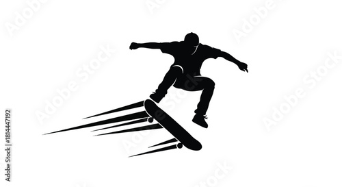 Skateboarder performing a trick silhouette isolated on white background