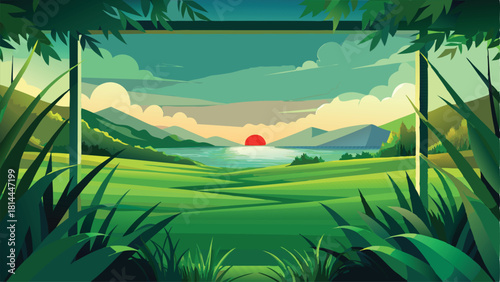 Pixel art view of a vibrant green landscape with a river and setting sun framed by foliage