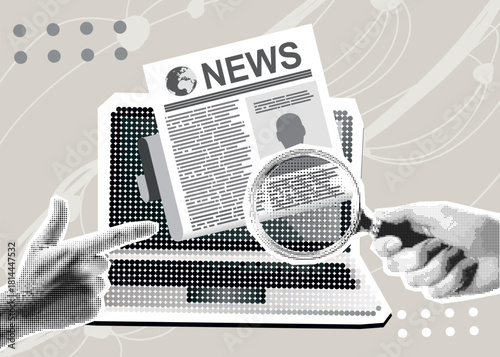 Trendy Halftone Collage Fake news concept. Spreading false information on website. Social media propaganda or disinformation. Hand holding magnifier glass. Contemporary vector illustration art
