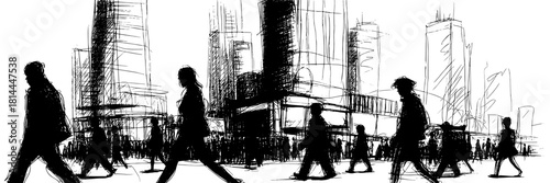 Dynamic black and white sketch of people walking across a bustling city with tall buildings, capturing motion, energy, and metropolitan life.