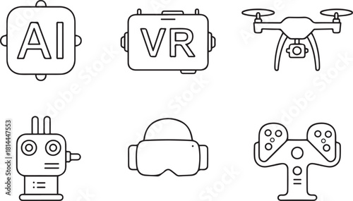 Set of six line icons representing artificial intelligence, virtual reality, drone, robot, and gaming controller technology